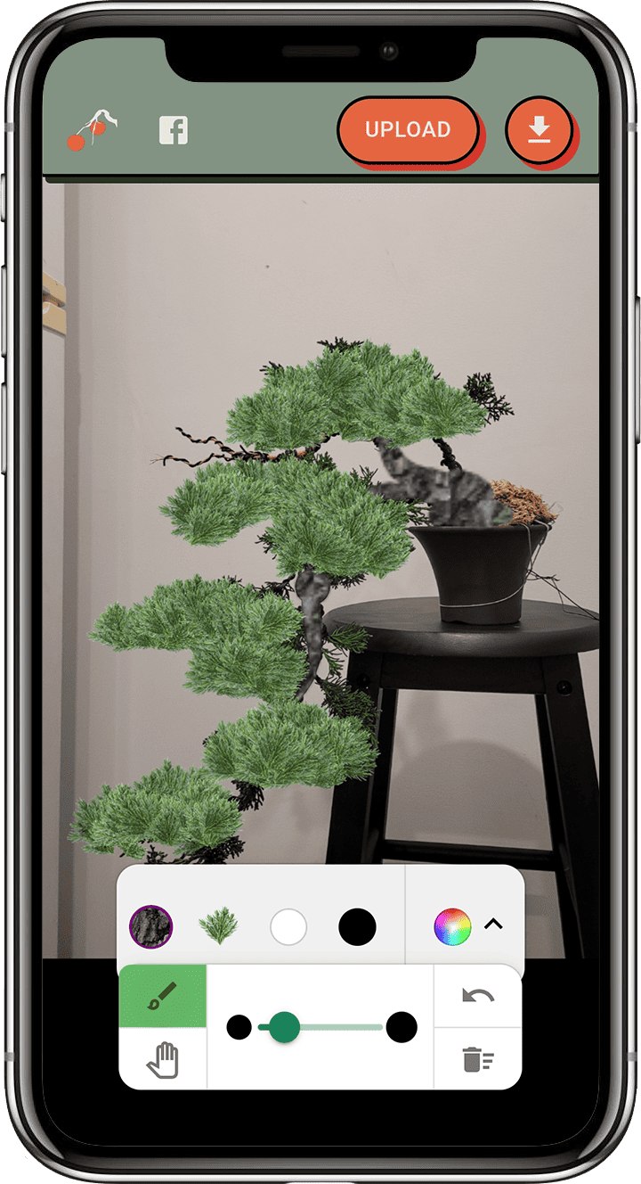app screenshot of painting a bonsai design